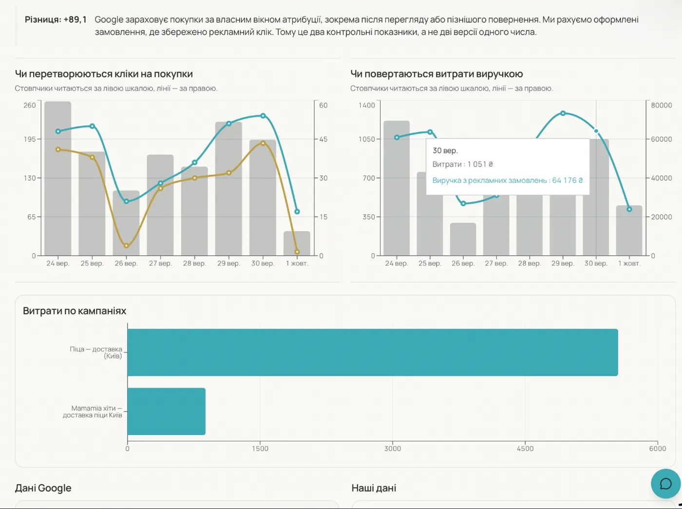 Google ads: clicks, purchases and return on spend