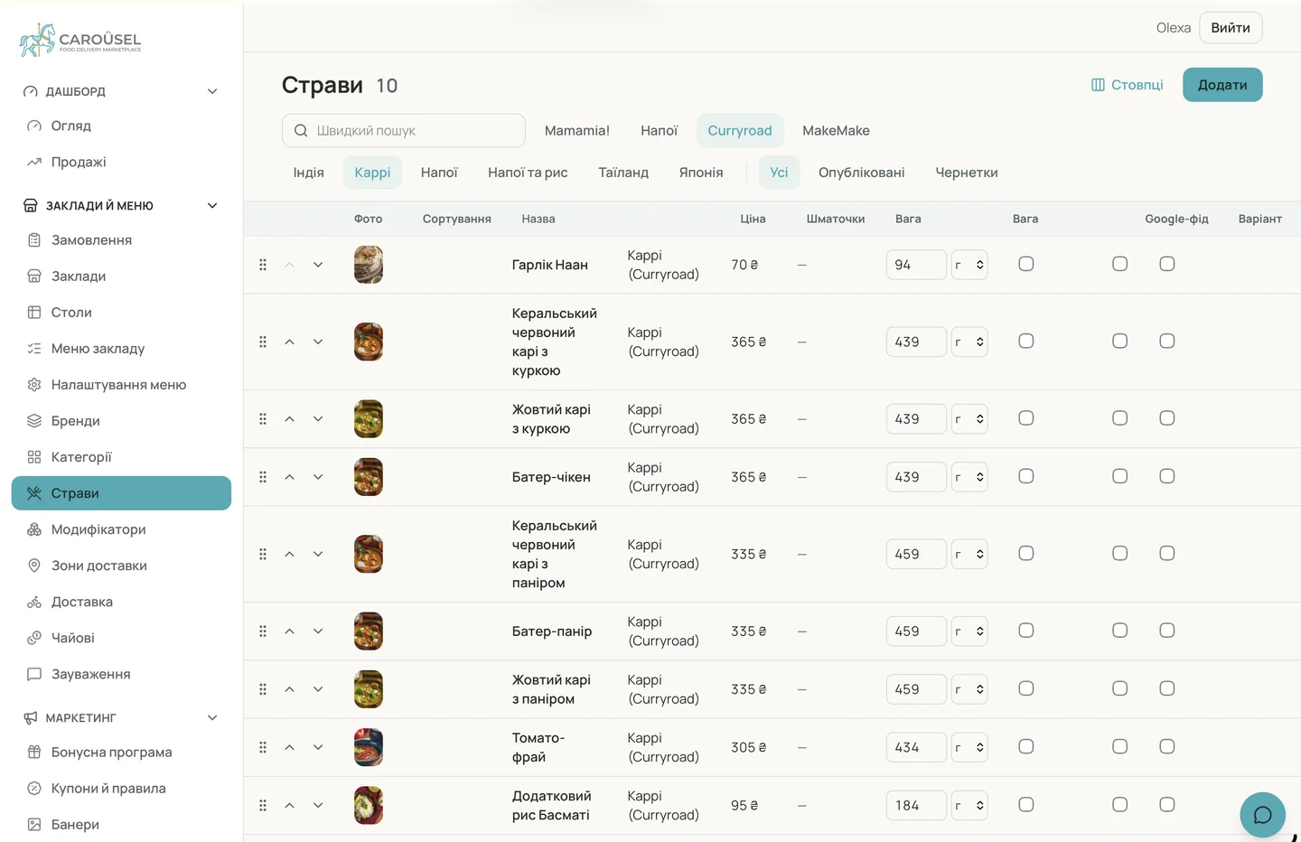 Menu and dishes